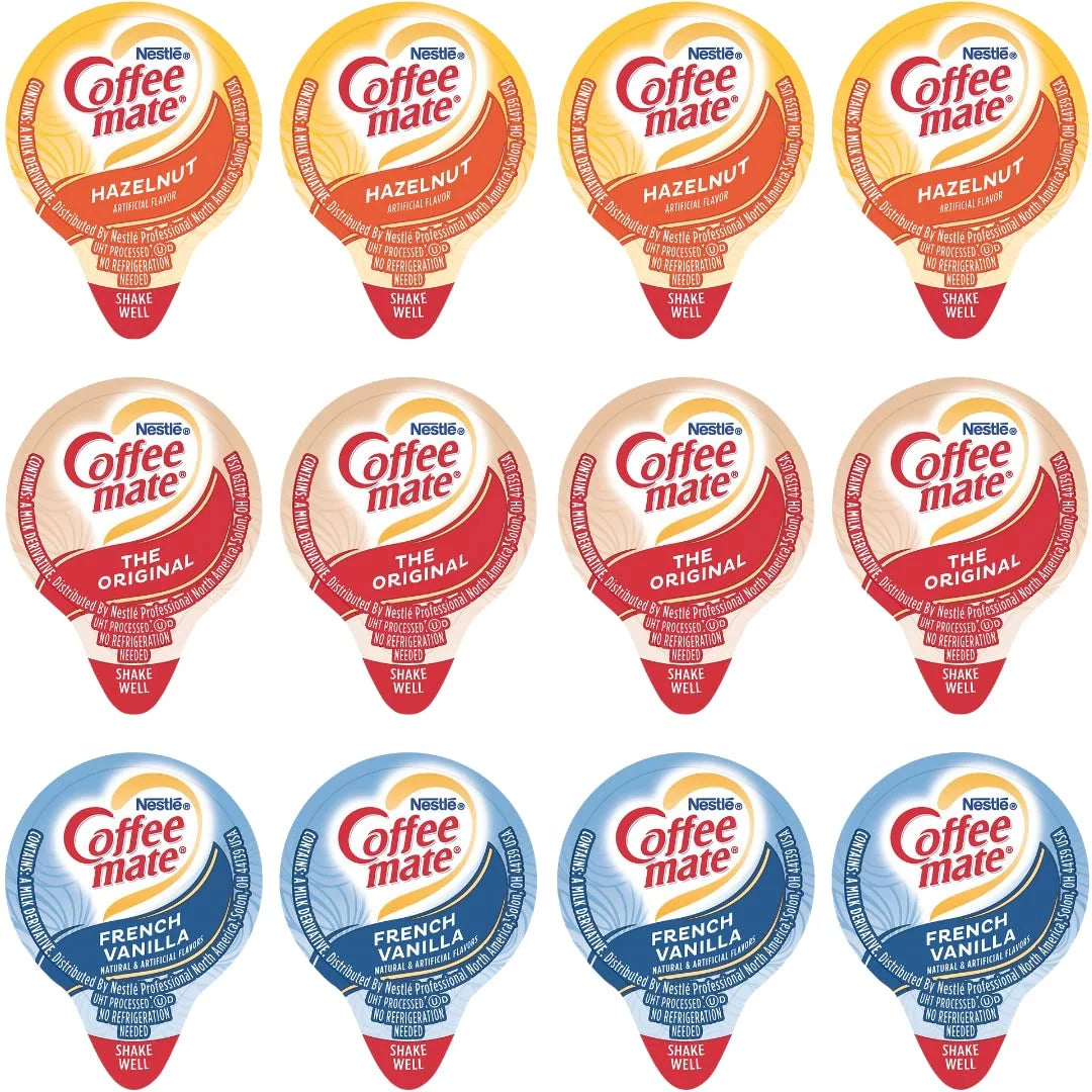 Liquid Non-Dairy Creamer Singles Variety Pack, Original, French Vanilla, & Hazelnut - Box Of 100 R203
