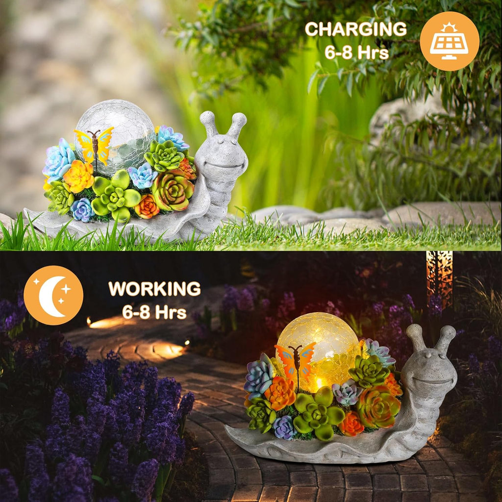 Solar Garden Snail Statue with Succulent and Solar Lights S43315
