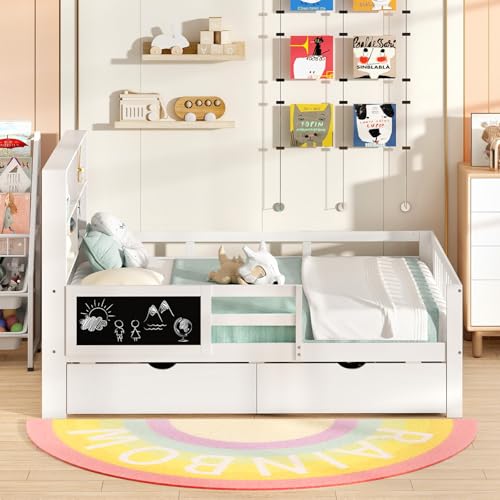White Full Size Solid Wood Bed Frame with 2 Storage Drawers T854313