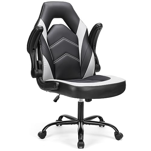 Black White Ergonomic PU Leather Swivel Desk Chair with Flip-up Armrest J9320