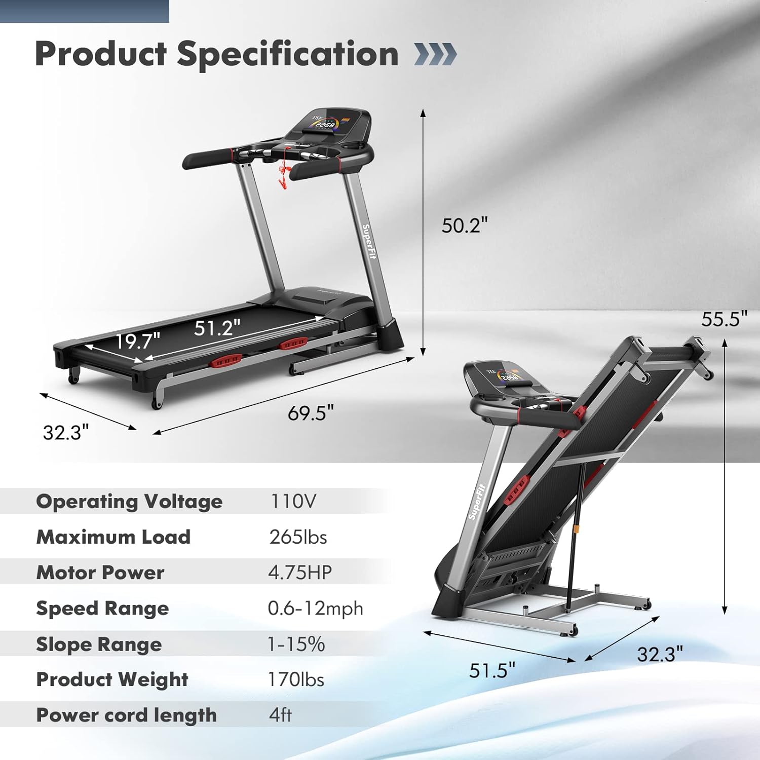 Foldable Treadmill with 15% Auto Incline L79316