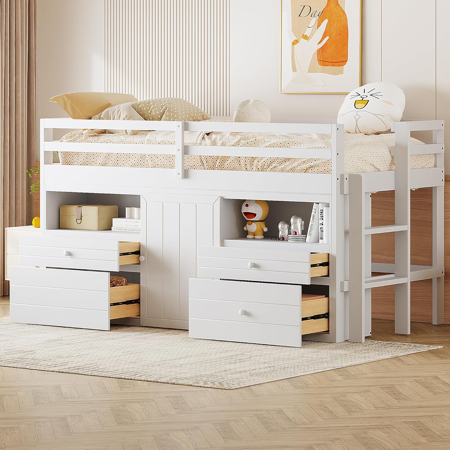 White Wooden Twin Size Loft Bed with 4 Drawers P6842