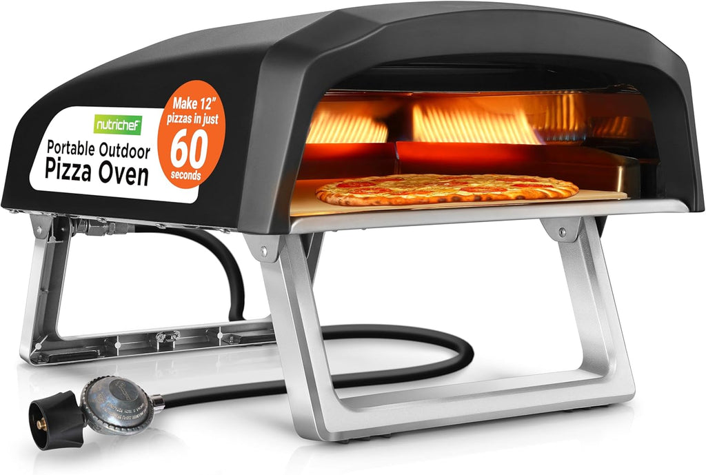 Portable Outdoor Gas Pizza Oven with Foldable Feet, Adjustable Heat Control Dial, Burner, Stone & Regulator Hose, 25.24'' x 16.14'' x 12.40'' M38968