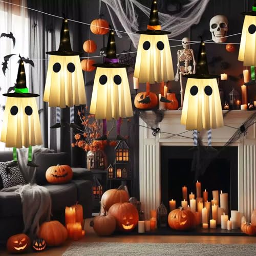 Set of 4 Halloween Hanging Ghosts with Witch Hat E50742