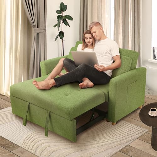 49" 2-Seater Linen Fabric Convertible Sofa Bed with Adjustable Backrest and 2 Pillows S241614