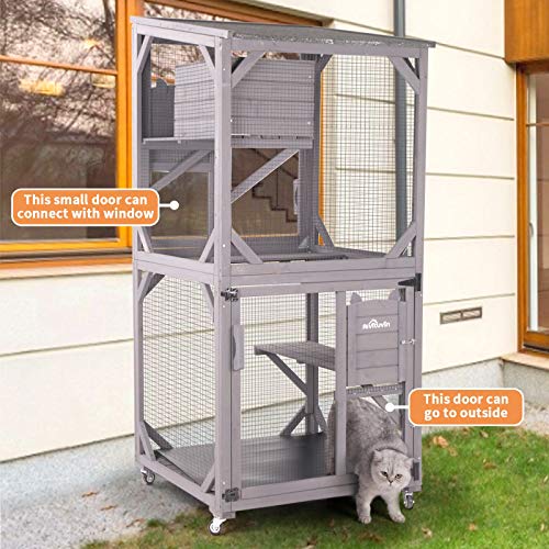 Large Wooden Catio with Run on Wheels (grey) N335