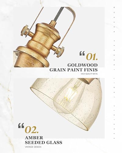 7.5" Farmhouse Pendant Lighting with Clear Seeded Glass Shade, Gold Wood Paint Finish V511