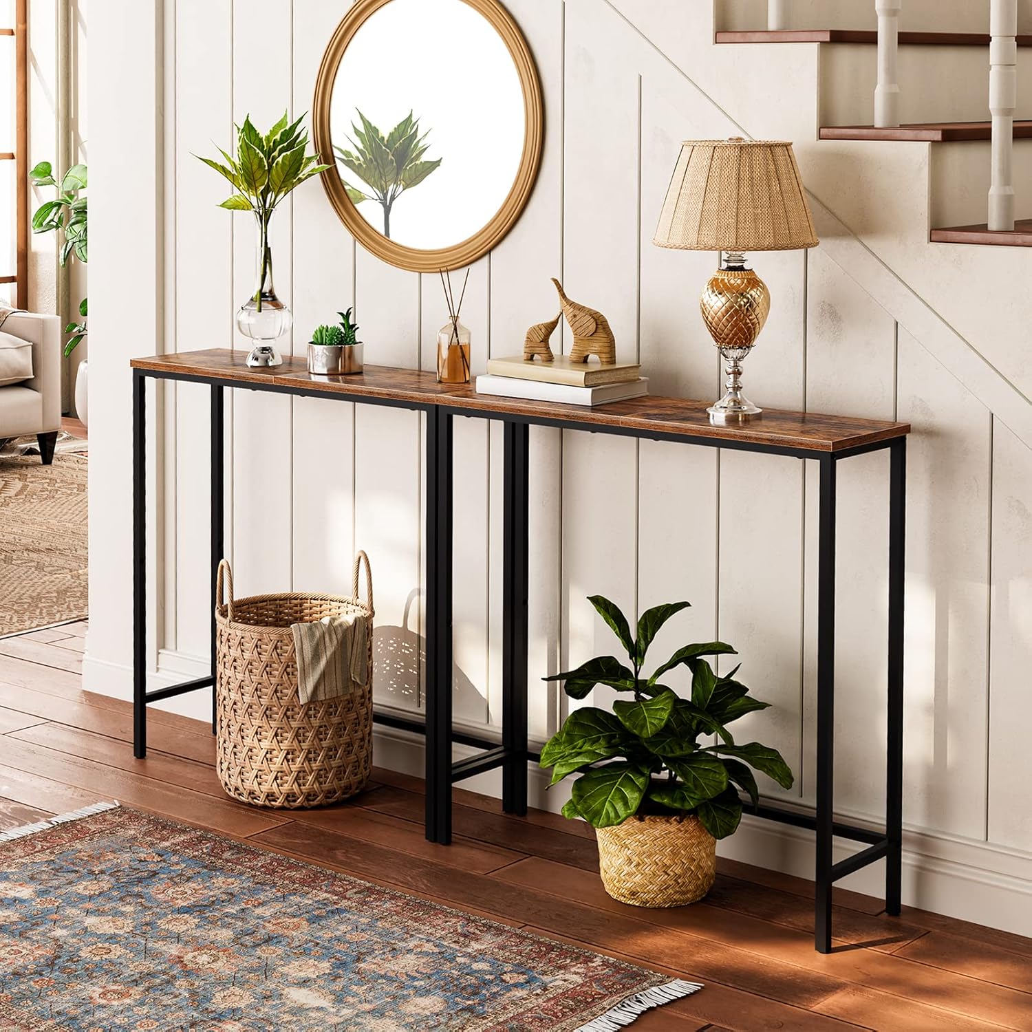 Rustic Brown and Black Narrow Console Table with 2 Fabric Drawers C643