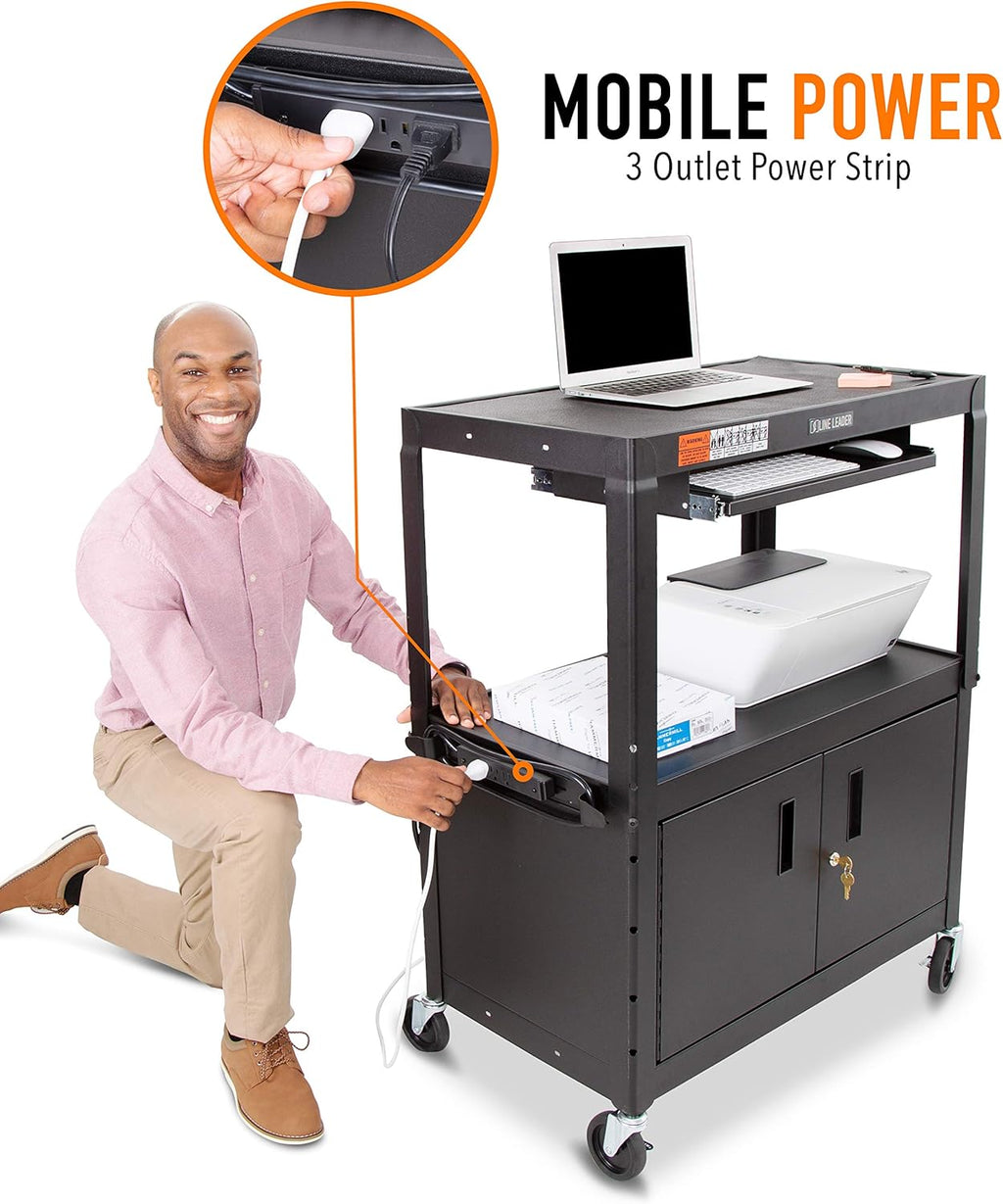 Large AV Cart with Locking Cabinet, Height Adjustable, Black H21904