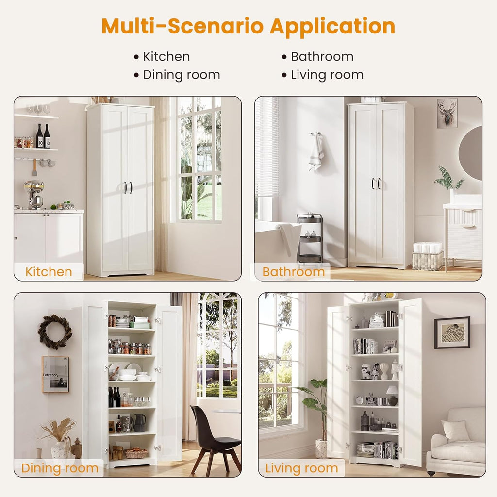 White 70" Tall Storage Cabinet with 2 Doors and 6 Adjustable Shelves E391927