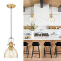 7.5" Farmhouse Pendant Lighting with Clear Seeded Glass Shade, Gold Wood Paint Finish V511