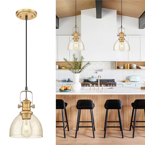 7.5" Farmhouse Pendant Lighting with Clear Seeded Glass Shade, Gold Wood Paint Finish V511