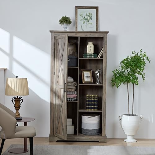 Tall Storage Cabinet Bookcase with Sliding Barn Door and Adjustable Shelf O29221