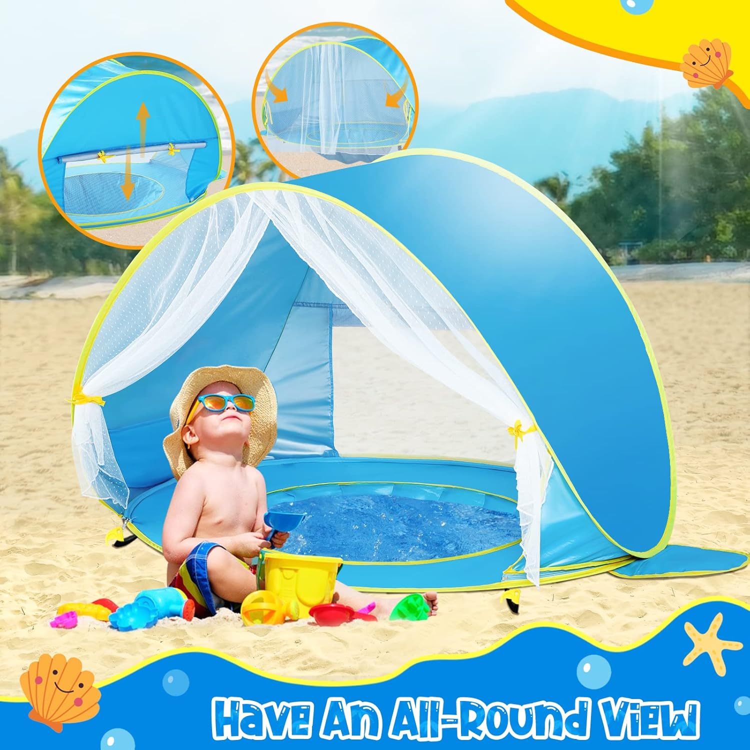 Baby Beach Tent Sun Shelter UPF50+ Pop Up Shade Pool (Front Mesh Blue) H689