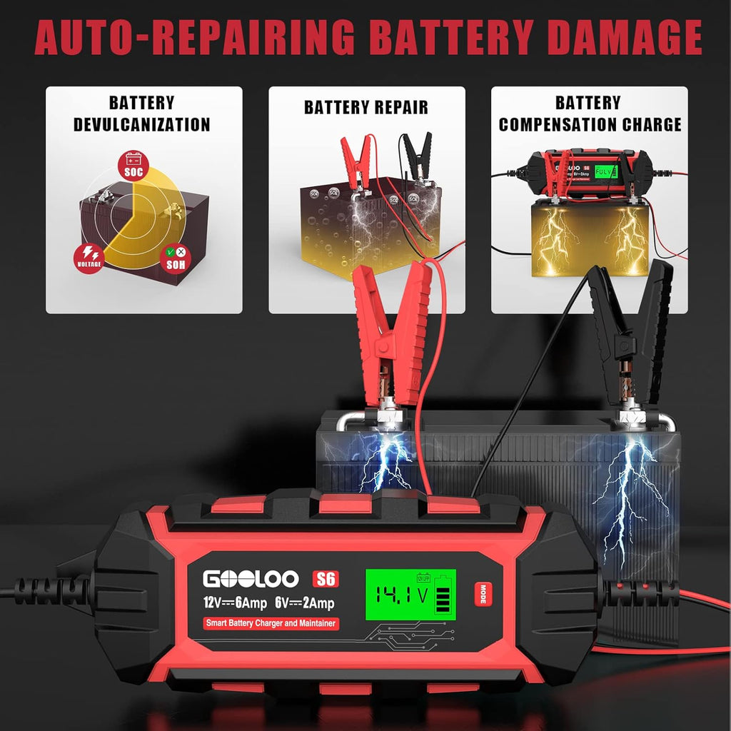 6 Amp 6V 12V Battery Charger Maintainer for Lead-Acid Battery Up to 150Ah LCD Display Pack of 2 V3489