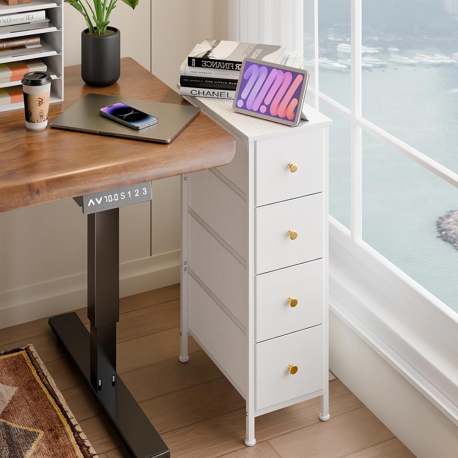 White 4 Drawer Slim Fabric Dresser with Steel Frame and Wood Top R263