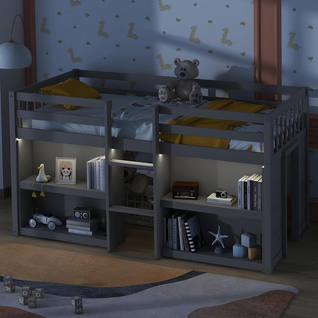 Grey LED Twin Low Loft Bed with Storage Shelves B739983