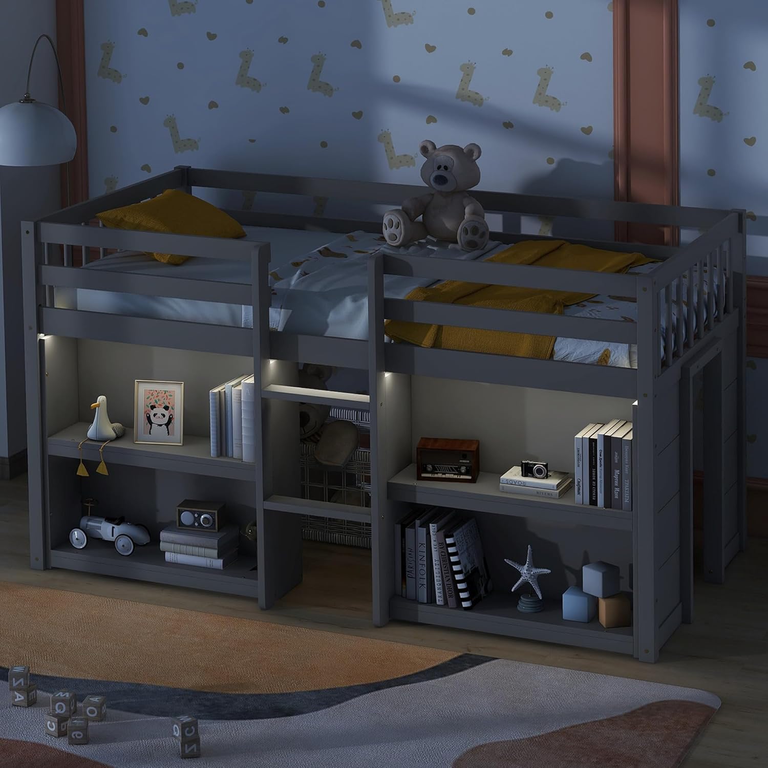 Grey LED Twin Low Loft Bed with Storage Shelves B739983