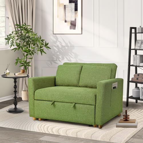 49" 2-Seater Linen Fabric Convertible Sofa Bed with Adjustable Backrest and 2 Pillows S241614