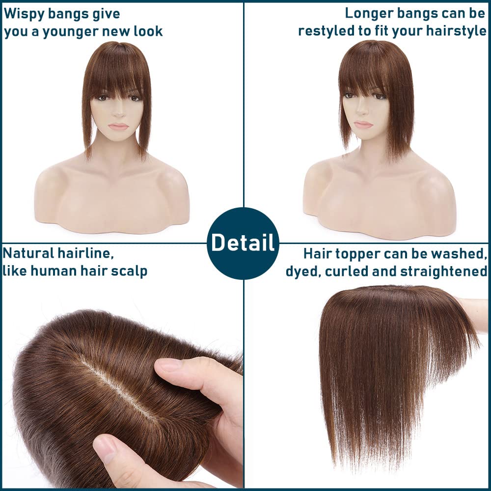 100% Real Human Hair Toppers with Bangs Silk Base 150% Density Clip in Topper 2.7”x5.1” Hair Pieces A766038