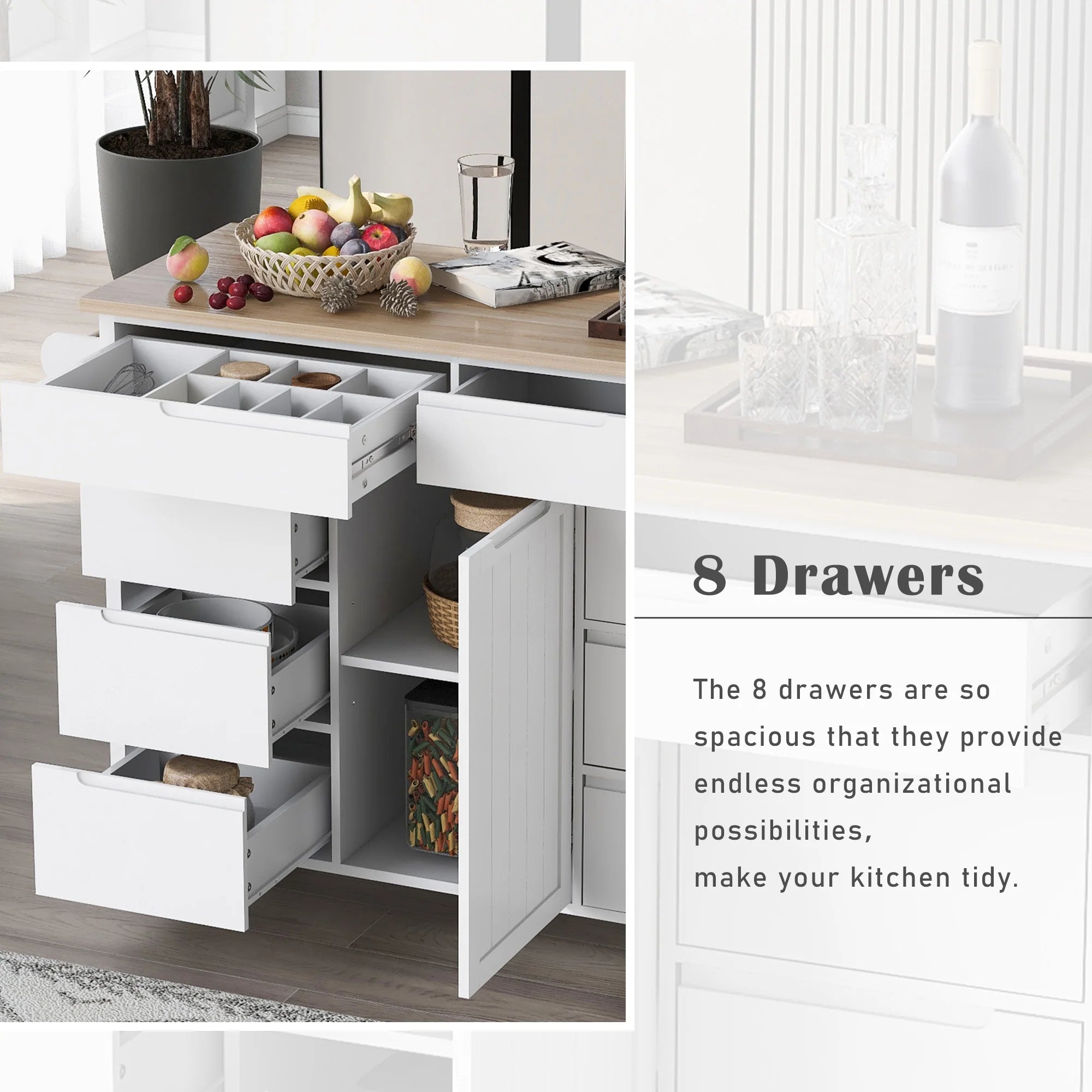 Rolling Kitchen Island with Storage, Rubber Wood Mobile Kitchen Cart with Lockable Wheels, Drawers, Shelves Q9277
