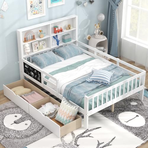 White Full Size Solid Wood Bed Frame with 2 Storage Drawers T854313
