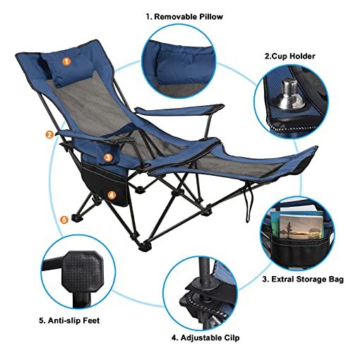 Camping Folding Chair with Foot Rest, Cup Holder, Removable Storage Bag (Blue) B37337