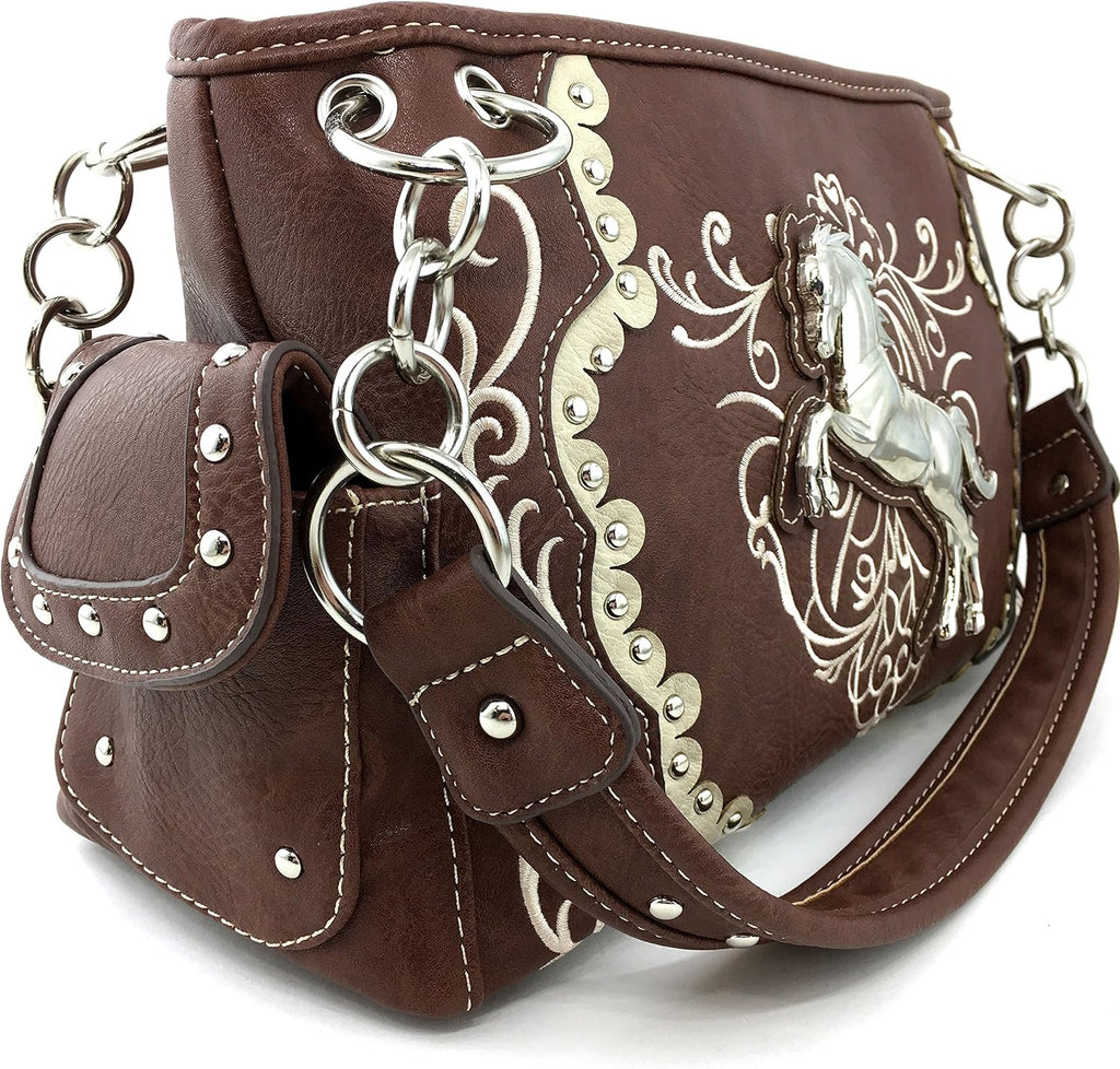 Brown Horse Embroidery Studded Concealed Carry Handbag Purse and Wallet H187637
