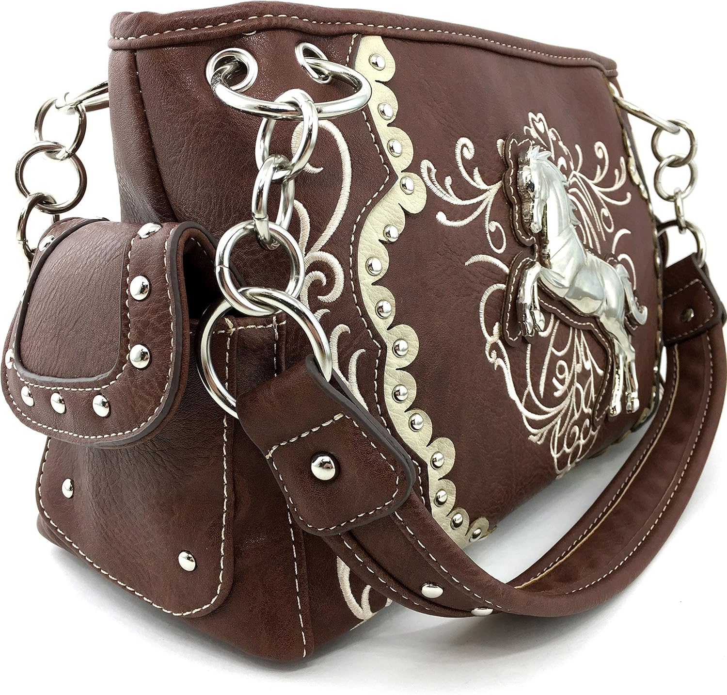 Brown Horse Embroidery Studded Concealed Carry Handbag Purse and Wallet H187637