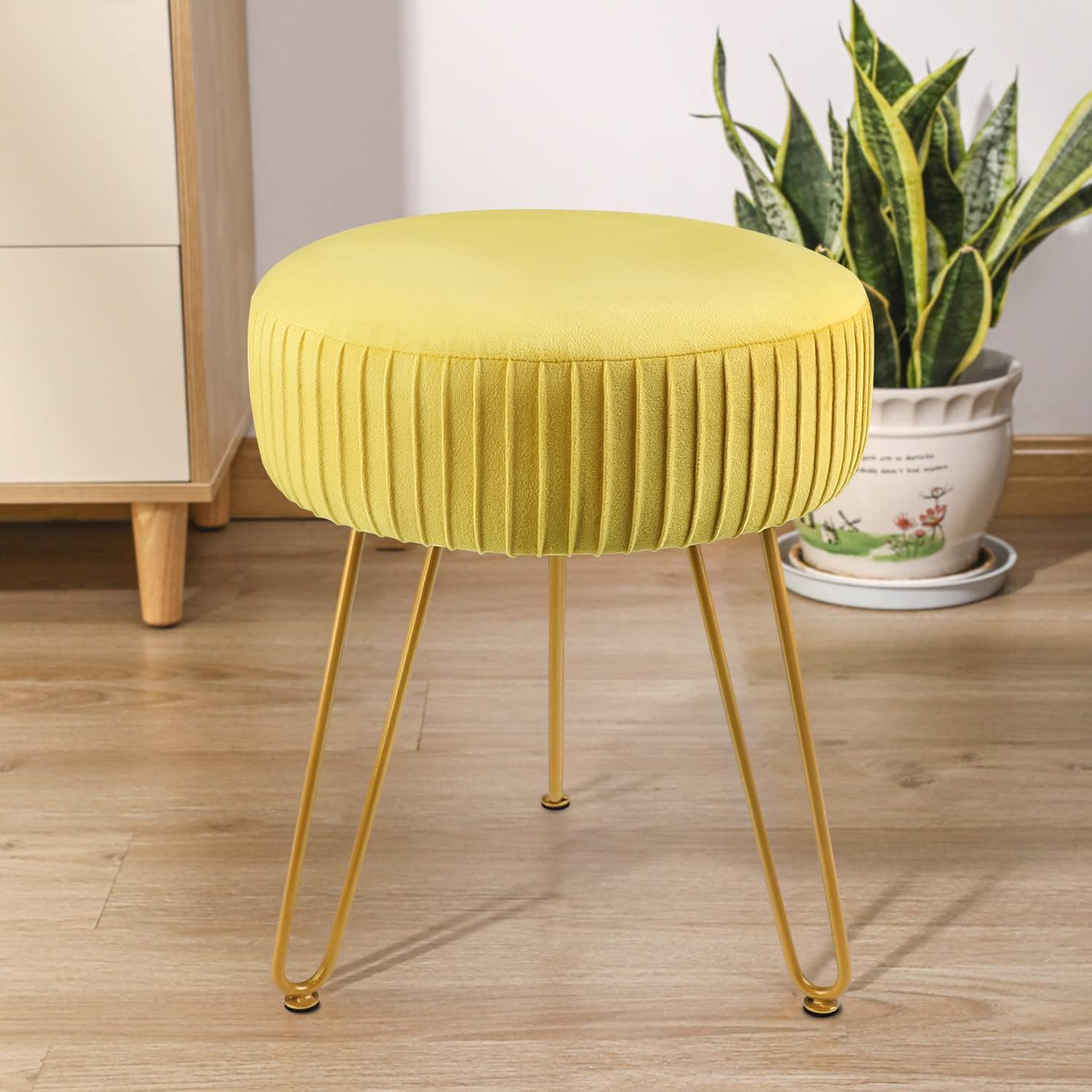 Yellow Velvet Round Vanity Chair with Golden Metal Legs K395