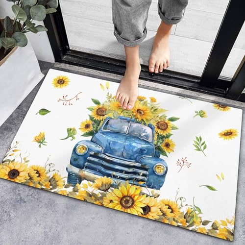 Yellow Sunflowers on Farm Truck Indoor Door Mats, Non-Slip Low Profile Entryway Rugs, Summer Floral on White, 18x30IN I887