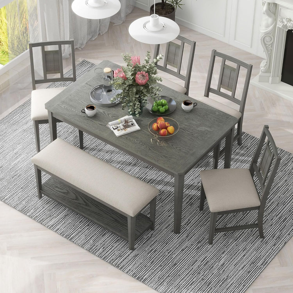 6-Piece Dining Table Set with 4 Upholstered Chairs and 1 Bench, Solid Wood, Dark Gray E50279