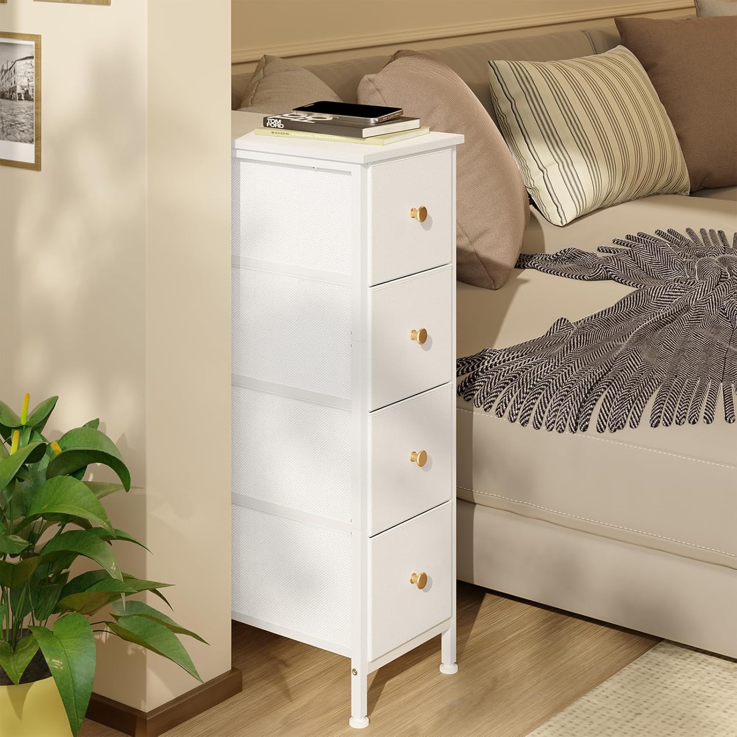 White 4 Drawer Slim Fabric Dresser with Steel Frame and Wood Top R263