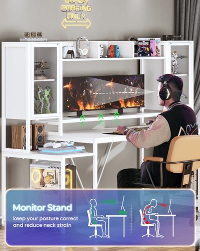 White 74.8'' Gaming Desk with LED Lights, Hutch and Storage Shelves I927581