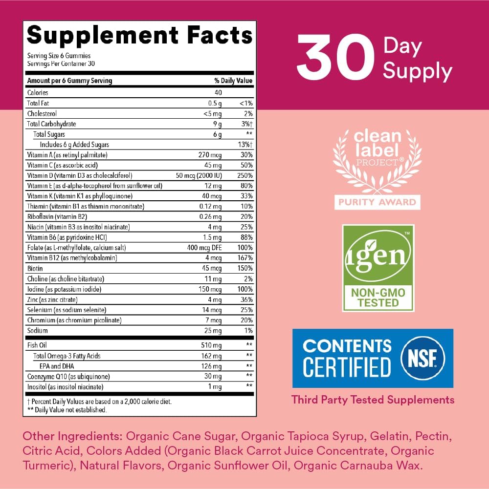 Organic Kids Multivitamin Gummies with Probiotics, Omega 3, Vitamin D3, C, B12 & Women's Multivitamin Gummies with Omega 3 Fish Oil, Methylfolate, CoQ10 X582665