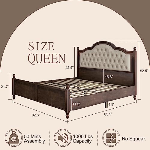 Walnut Queen Size Solid Bed Frame with Upholstered Tufted Headboard H140
