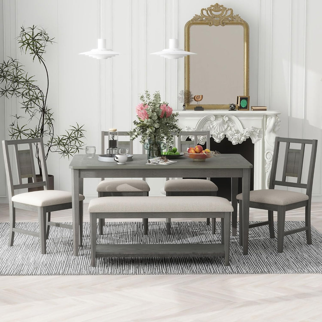6-Piece Dining Table Set with 4 Upholstered Chairs and 1 Bench, Solid Wood, Dark Gray E50279
