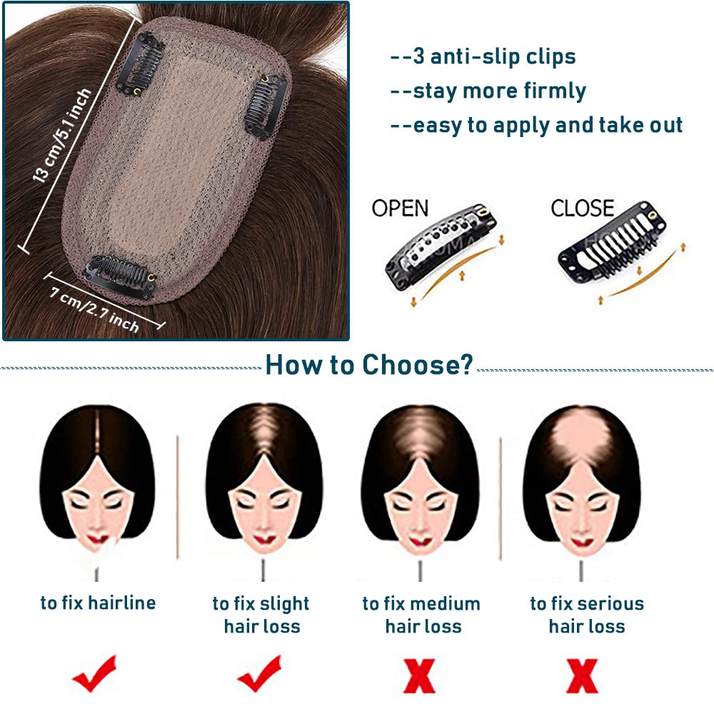 100% Real Human Hair Toppers with Bangs Silk Base 150% Density Clip in Topper 2.7”x5.1” Hair Pieces A766038