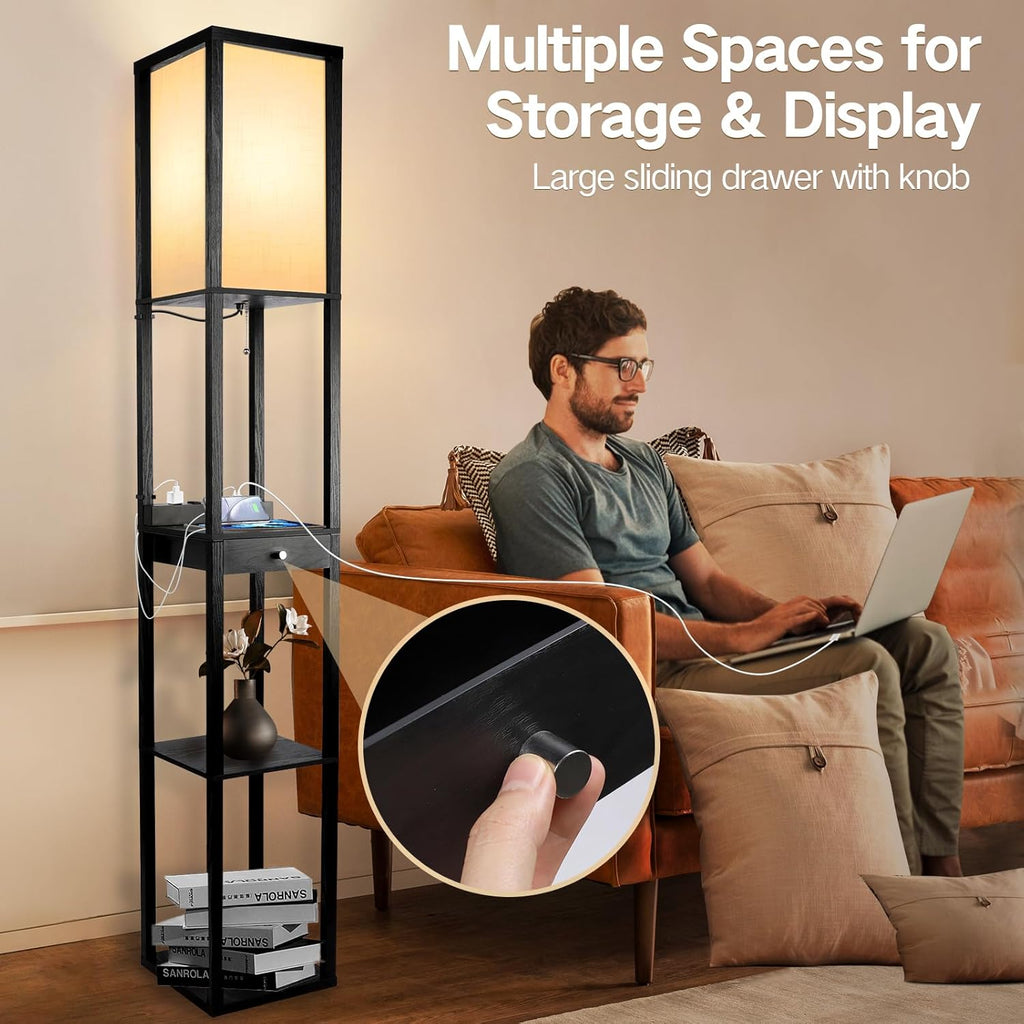 Wood Tripod Floor Lamp with Beige Linen Texture Shade R948234