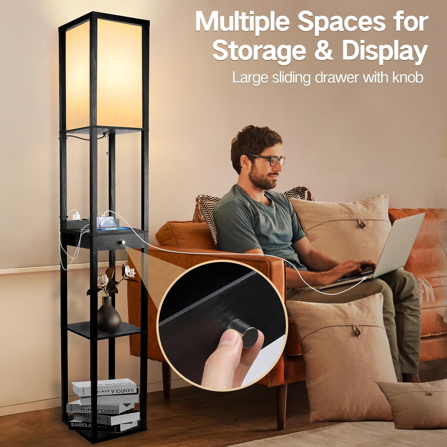 Wood Tripod Floor Lamp with Beige Linen Texture Shade R948234