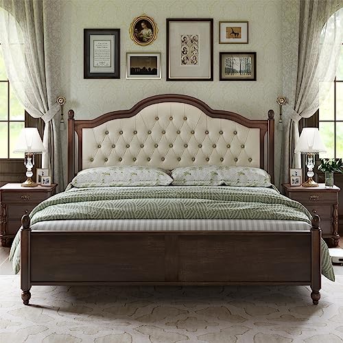 Walnut Queen Size Solid Bed Frame with Upholstered Tufted Headboard H140