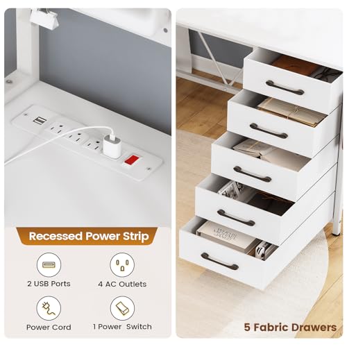 White L Shaped Gaming Desk with Drawers and Hutch T3222