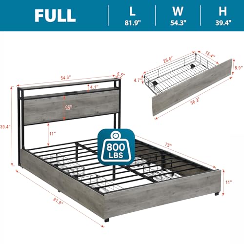 Black Full Size Bed Frame with Headboard, LED, 4 Storage Drawers, Charging Station P15461