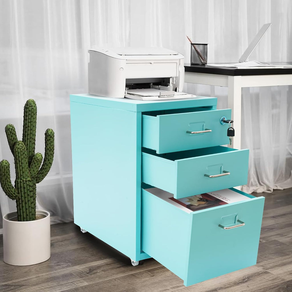 Blue 3 Drawer Mobile Metal Filing Cabinet with Lock U130939