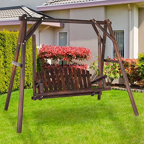 6.5' Outdoor Porch Swing Rustic Loveseat Solid Wooden Natural Log Garden Swing (Carbonized) W63206