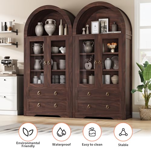Brown Arched Bookshelf Pantry Storage Cabinet with Drawers Doors and Shelves I18228