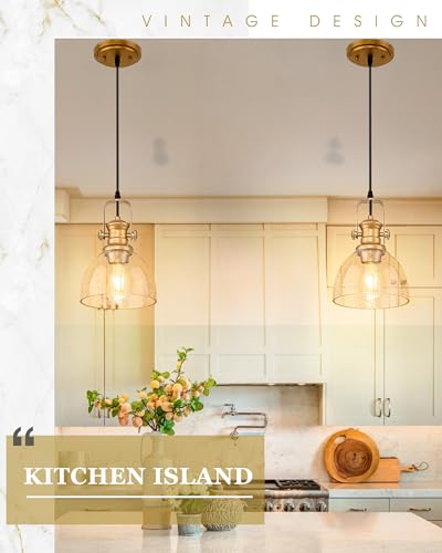 7.5" Farmhouse Pendant Lighting with Clear Seeded Glass Shade, Gold Wood Paint Finish V511