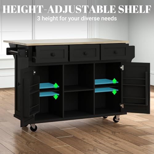 Large Kitchen Island On Wheels with Storage 54in Width Wood Island with Drawers Cabinet Spice Rack Towel Rack A698567