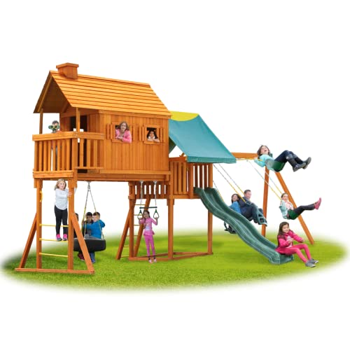 Solid Cedar Wood Swing Set with Built-in Tree House, Wave Slide, Spiral Slide D44331