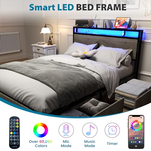 Black Full Size Bed Frame with Headboard, LED, 4 Storage Drawers, Charging Station P15461
